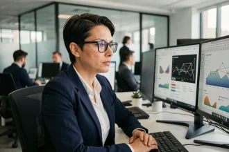 Femme professionnelle analysant des données sensibles sur des écrans d'ordinateur dans un bureau moderne, illustrant la protection des données numériques