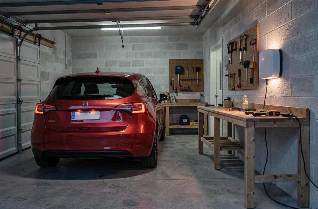 Borne de recharge intelligente installée dans un garage domestique avec voiture électrique rouge