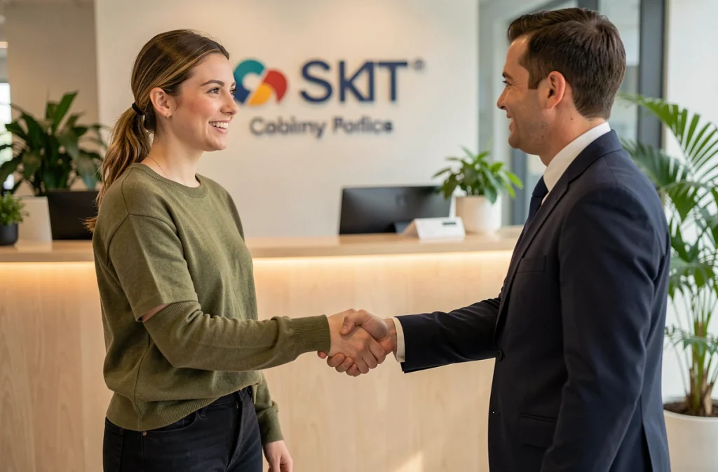 Femme avec un handicap physique serrant la main d'un recruteur lors d'un entretien d'embauche inclusif en entreprise