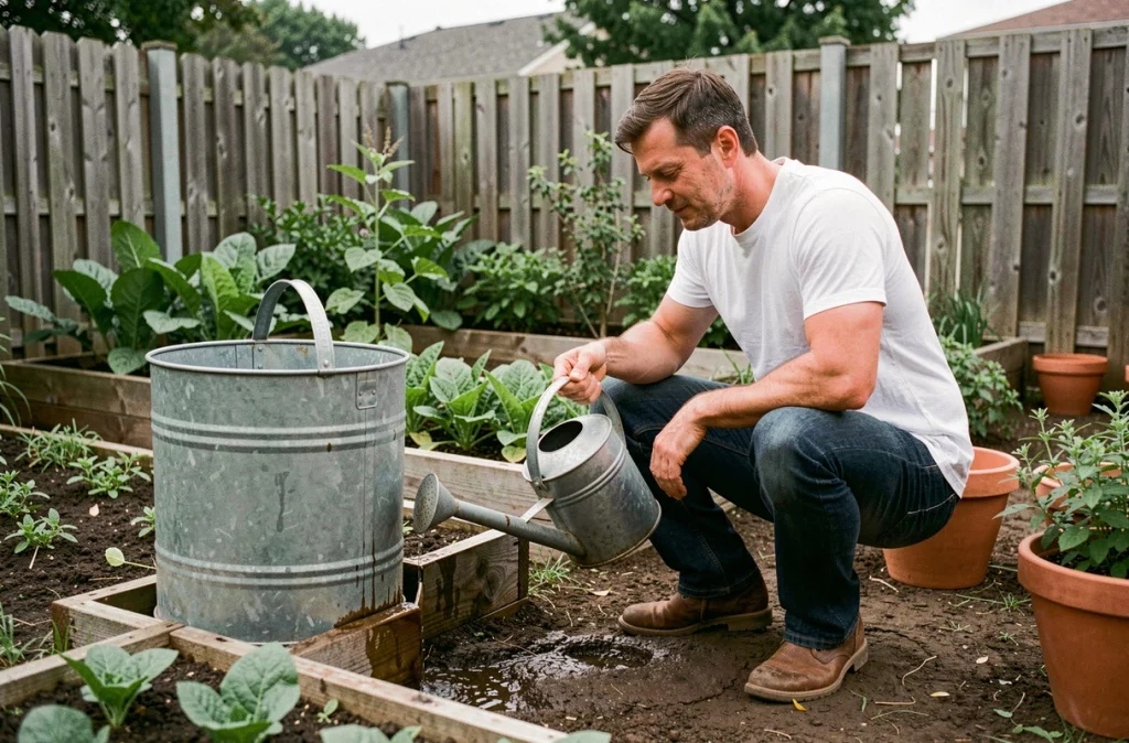 Homme récupérant l'eau de pluie dans un tonneau pour arroser son jardin potager