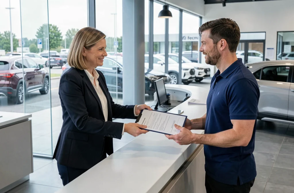 Femme remettant des documents d'importation à un conseiller dans une concession automobile moderne