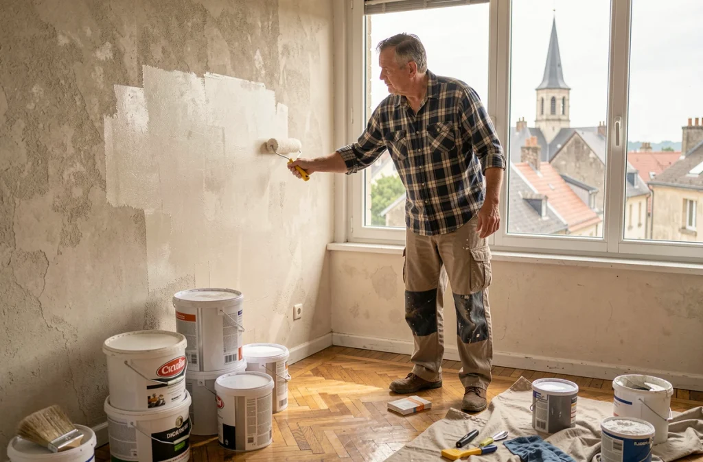 Homme en train de rénover son appartement après un achat immobilier en ville moyenne