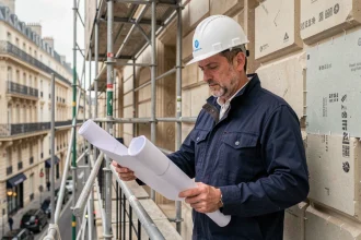 Architecte sur un échafaudage inspectant les travaux d'isolation thermique par l'extérieur d'un immeuble ancien haussmannien