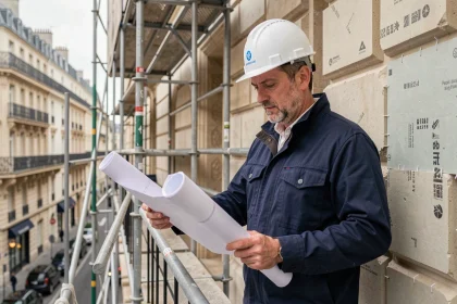 Architecte sur un échafaudage inspectant les travaux d'isolation thermique par l'extérieur d'un immeuble ancien haussmannien