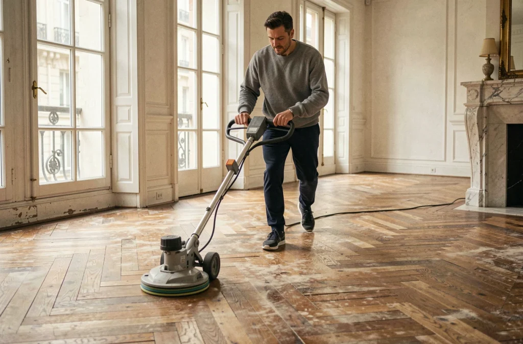 Homme utilisant une machine à polir sur un parquet en point de Hongrie dans un appartement haussmannien