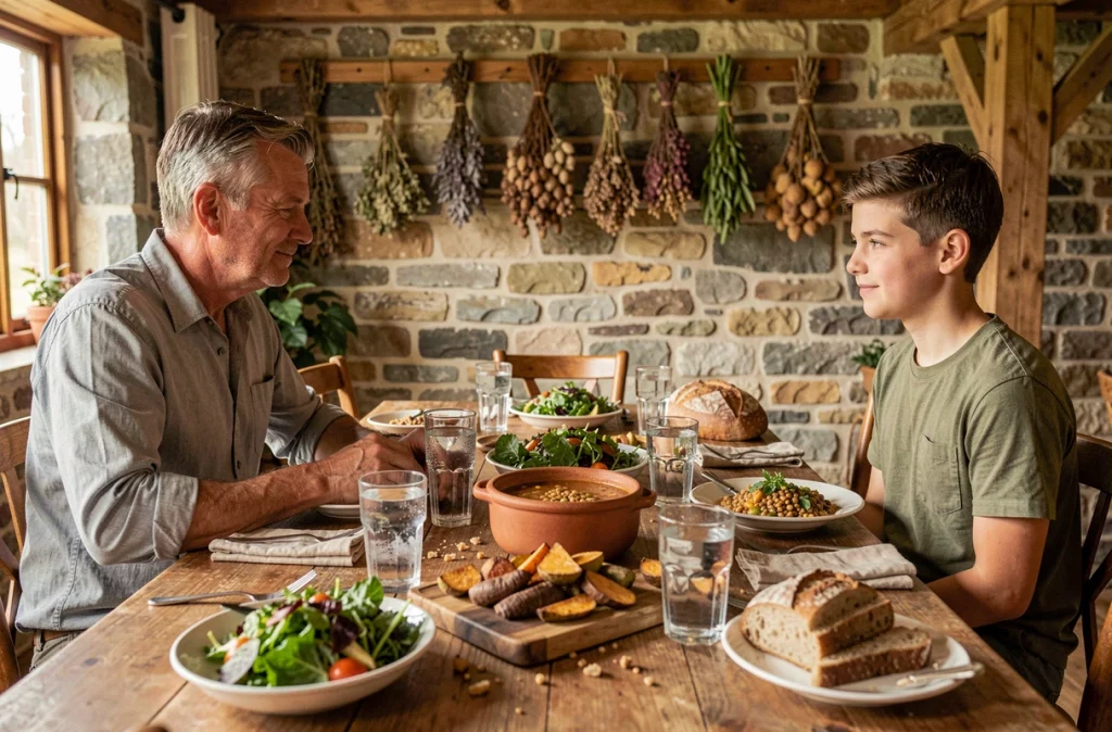 Un père et son fils adolescent partagent un dîner végétarien complet autour d'une table en bois rustique