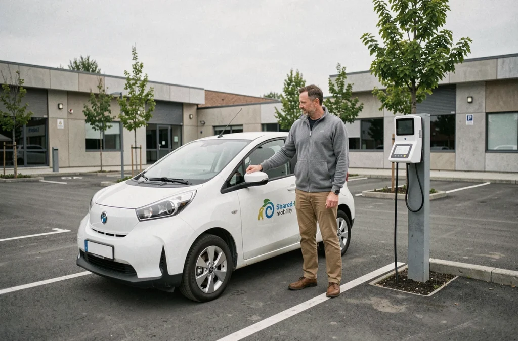 Homme restituant une voiture électrique en libre-service dans une borne d'autopartage en centre-ville