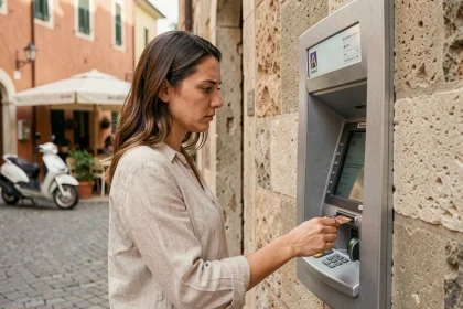 Femme retirant de l'argent à un distributeur automatique à l'étranger pour éviter les frais bancaires