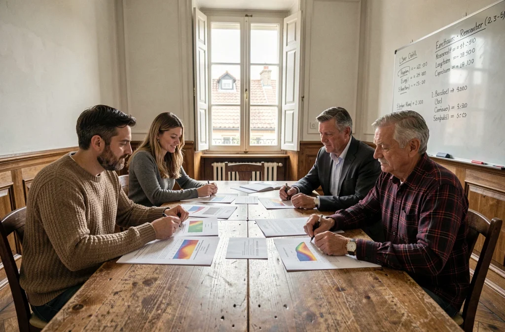 Réunion de copropriétaires autour d'un rapport d'audit énergétique dans une salle de syndic parisienne