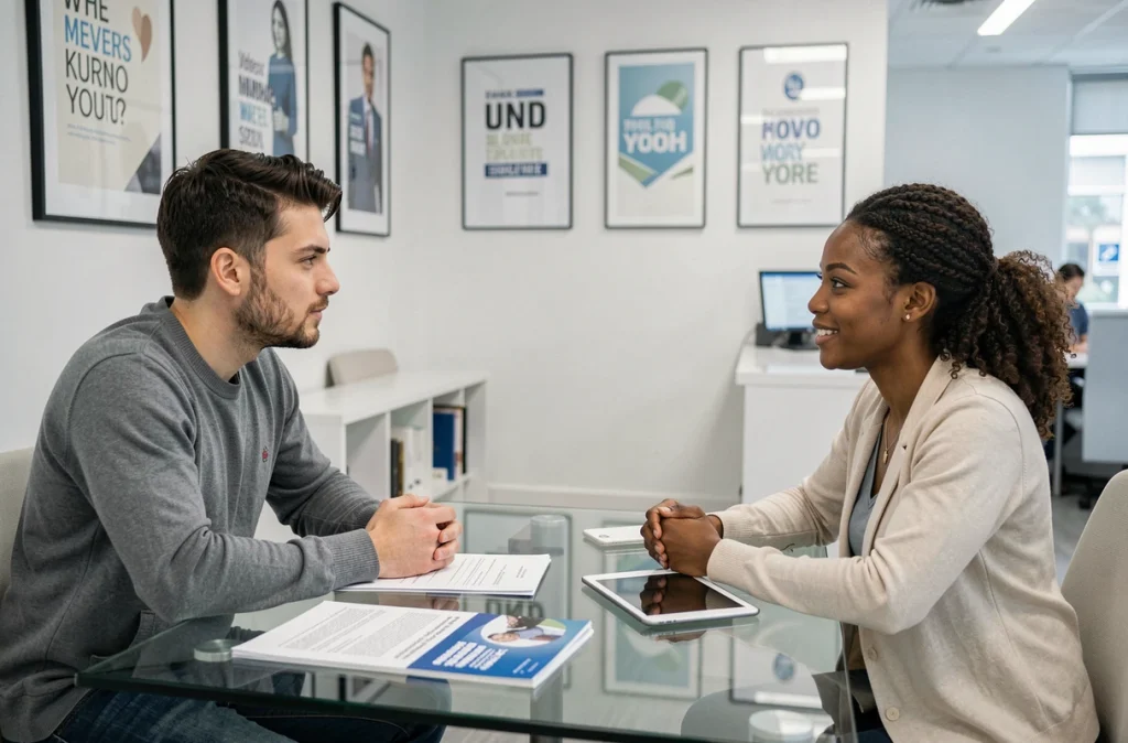 Deux jeunes entrepreneurs rencontrant un conseiller financier pour obtenir un microcrédit dans une agence bancaire moderne