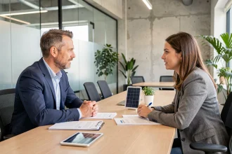 Réunion professionnelle entre dirigeants de PME autour d'une table de conférence moderne pour discuter d'opportunités énergétiques avec Co-valence énergie