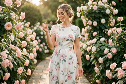 Jeune femme portant une robe midi à imprimés floraux aquarelle dans un jardin botanique en fleurs