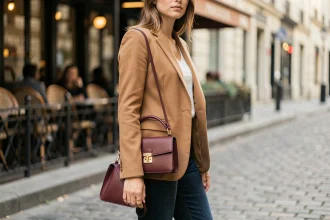 Jeune femme tenant un sac miniature en cuir bordeaux avec hardware doré dans une rue pavée parisienne