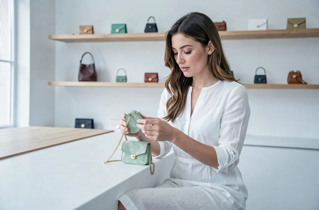 Femme examinant un sac miniature en suède vert pastel dans une boutique de mode minimaliste