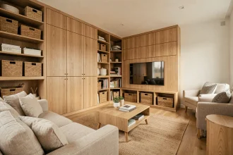 Salon moderne et bien organisé avec des solutions de rangement intégrées, des meubles fermés et des surfaces épurées dans une ambiance Scandinave chaleureuse