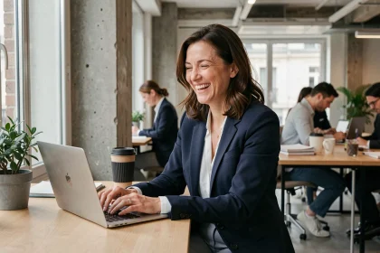 Femme cadre souriante fermant son ordinateur portable dans un bureau moderne, illustrant la semaine de quatre jours en entreprise française