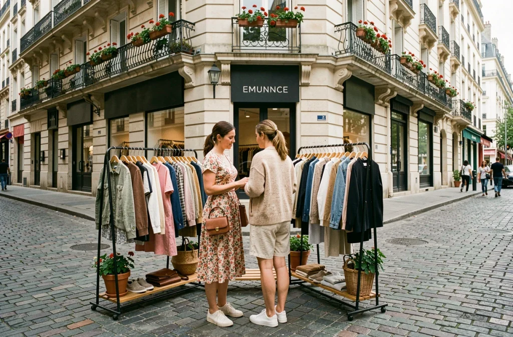 Deux femmes feuilletant des vêtements éco-responsables sur un présentoir extérieur devant une boutique de mode éthique dans une rue parisienne pavée
