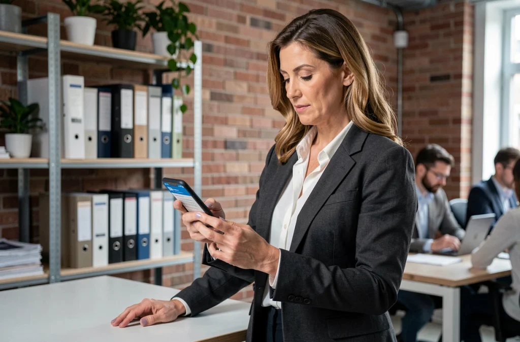 Une femme signe son contrat d'assurance emprunteur en ligne depuis son smartphone dans un espace de coworking