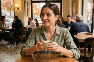 Femme souriante dans un café parisien regardant quelqu'un avec une expression amoureuse et rêveuse