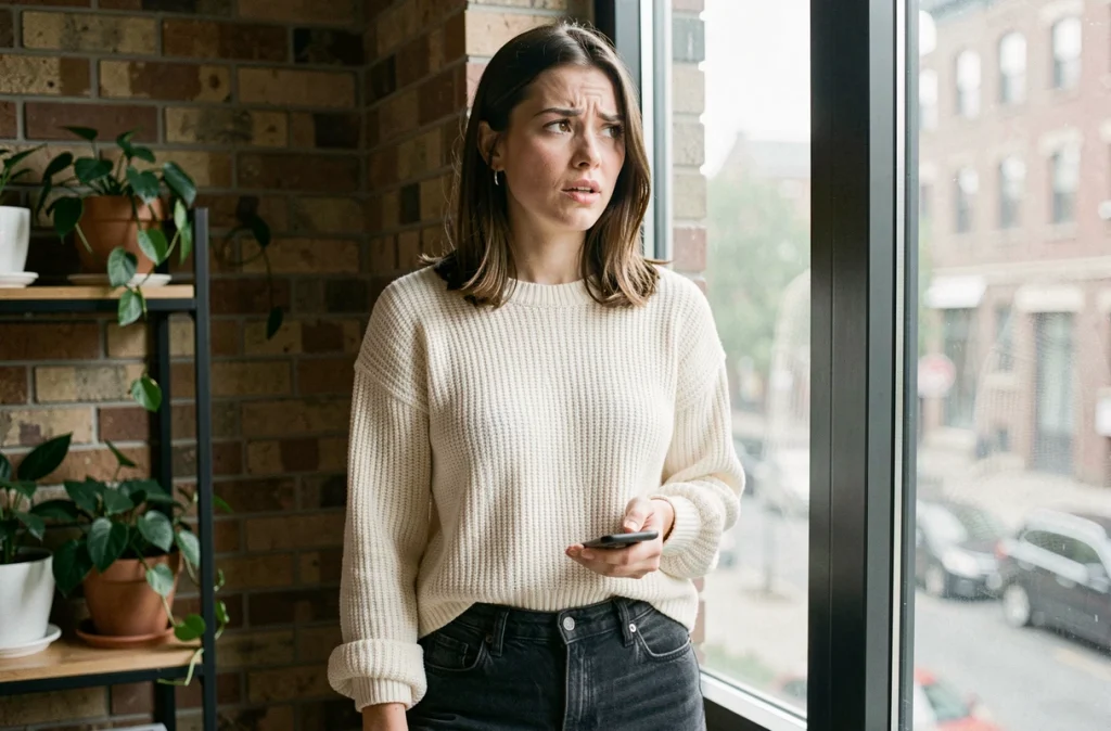 Jeune femme pensive tenant son téléphone près d'une fenêtre avec une expression douce et amoureuse