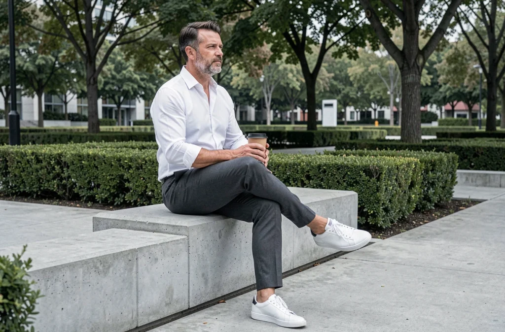 Homme en tenue habillée avec des sneakers blanches en cuir assis sur un banc en béton dans un parc moderne