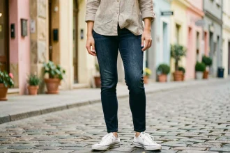 Femme portant des sneakers blanches avec un jean indigo et une blouse en lin beige sur une rue pavée européenne
