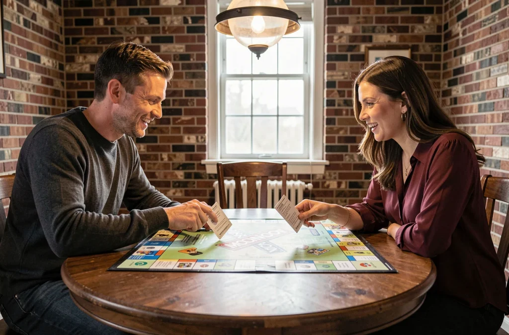 Deux adultes jouant au Monopoly ensemble et discutant des stratégies pour accéder au Club de Magnat