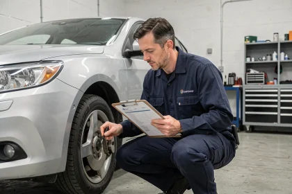 Technicien automobile inspectant les freins d'une voiture lors d'un contrôle technique en garage officiel en 2024