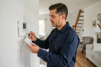 Technicien en uniforme inspectant un panneau de contrôle d'alarme domestique mal installé sur un mur blanc