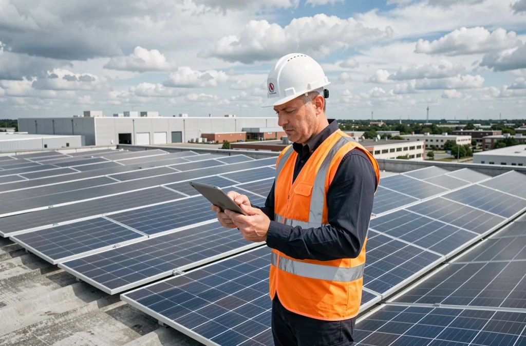 Technicien inspectant une installation de panneaux solaires photovoltaïques sur le toit d'une PME industrielle avec une tablette numérique