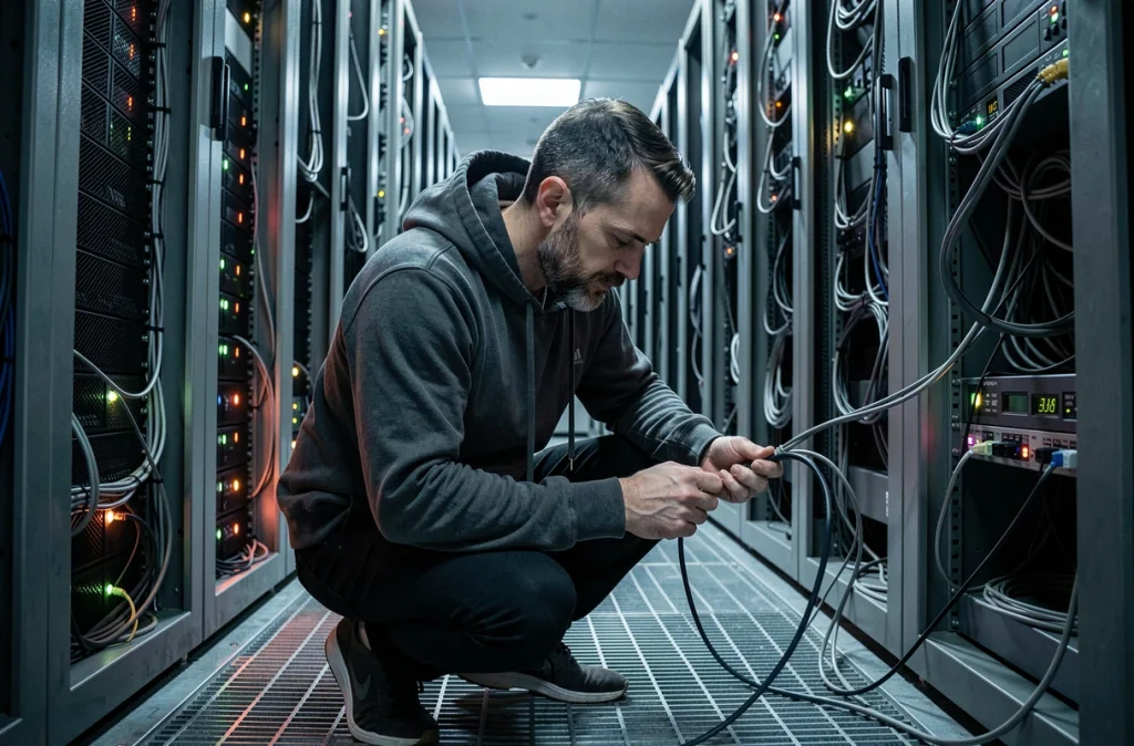 Technicien en sécurité informatique inspectant des serveurs dans un centre de données, symbole de la gestion et protection des données personnelles