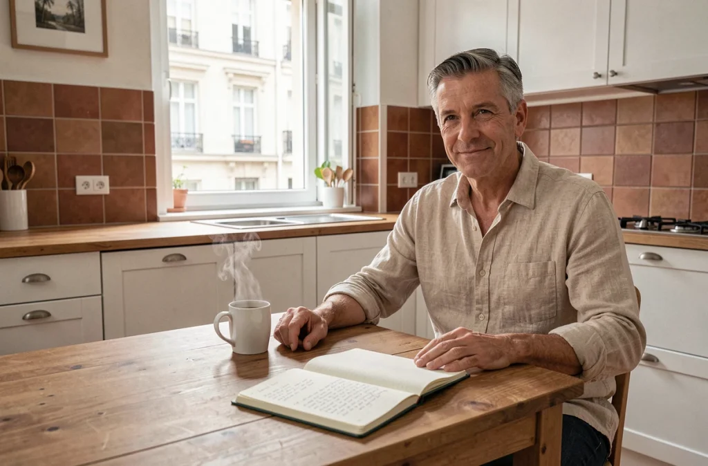 Homme détendu profitant d'un vendredi libre chez lui grâce à la semaine de travail de quatre jours, avec un carnet et un café