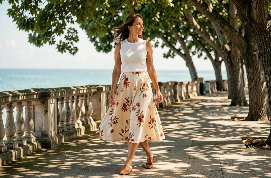 Femme élégante en jupe fleurie midi tendance printemps marchant sur une promenade côtière ensoleillée