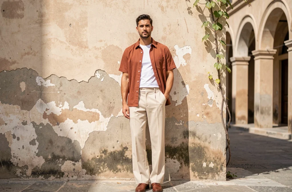 Homme en pantalon large écru et chemise terracotta tendance mode homme printemps-été en cour urbaine