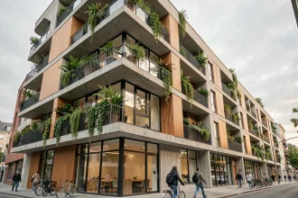 Façade d'immeuble moderne avec béton, bois et jardin vertical en milieu urbain