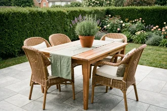 Terrasse aménagée avec table en teck, chaises en rotin et plantes aromatiques pour un espace extérieur convivial