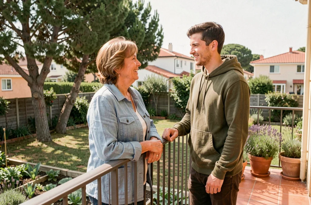 Une femme d'âge mûr et un jeune adulte discutent sur la terrasse d'une maison intergénérationnelle, évoquant les liens familiaux et la cohabitation