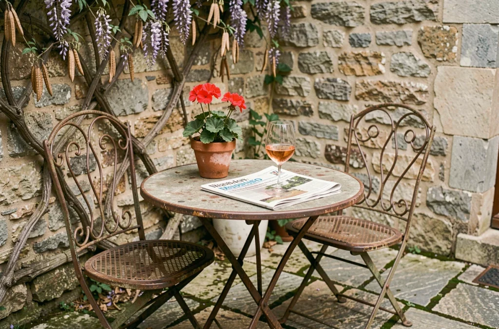 Coin de terrasse provençale avec table bistro en fer forgé, géraniums en pot et mur en pierre apparente recouvert de glycine