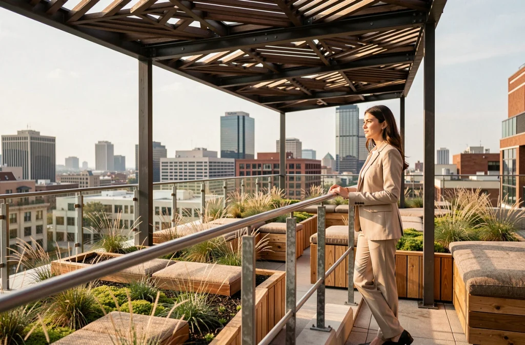 Terrasse végétalisée d'un immeuble contemporain avec vue panoramique sur un paysage urbain moderne