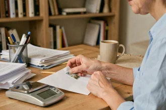 Femme collant un timbre sur une enveloppe blanche posée sur un bureau avec une balance postale numérique affichant le poids en grammes