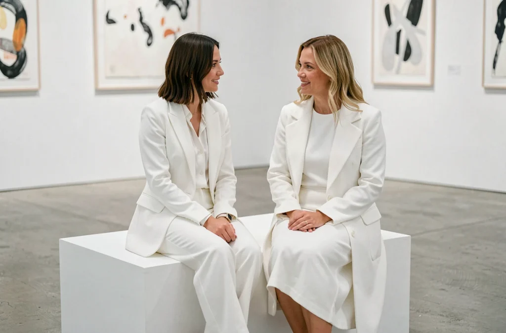 Deux femmes en total look monochrome blanc, l'une en costume large et blouse en soie, l'autre en robe midi et manteau structuré, assises dans une galerie d'art contemporaine