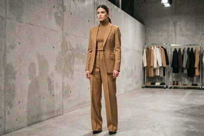 Femme portant un total look monochrome camel composé d'un blazer structuré, d'un col roulé et d'un pantalon large, photographiée en coulisses d'un défilé de mode