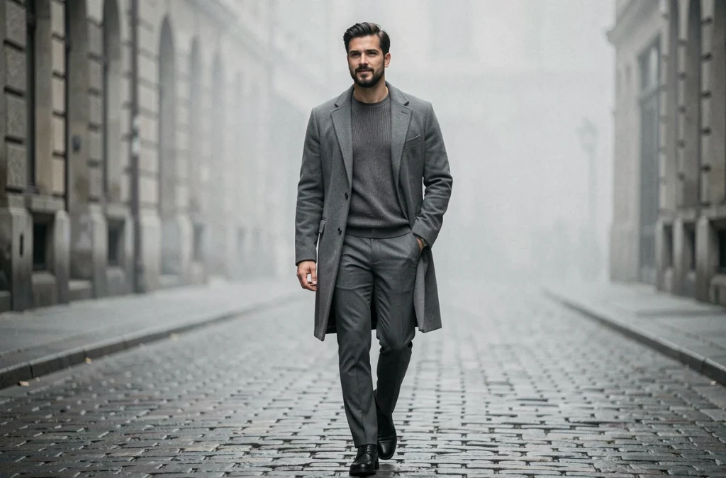 Homme en total look monochrome gris ardoise avec manteau oversize et pull col rond marchant sur des pavés dans une ville européenne brumeuse