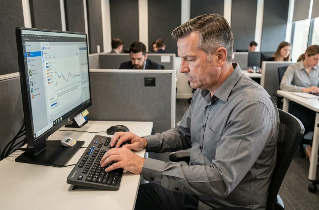 Homme malvoyant utilisant un clavier Braille et un logiciel de lecture d'écran dans un bureau adapté aux personnes handicapées