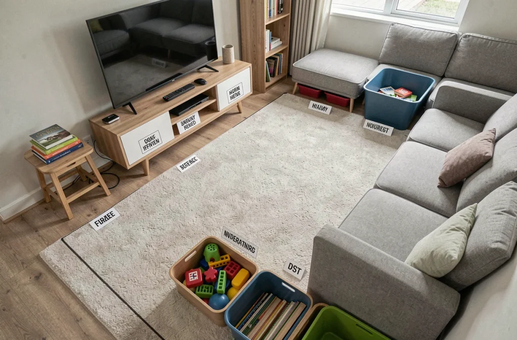 Salon organisé en zones d'usage distinctes avec des espaces dédiés à la lecture, au multimédia et aux loisirs, chaque zone ayant une place fixe pour ses objets