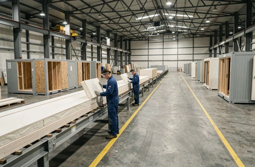 Usine de fabrication de panneaux préfabriqués pour maisons modulaires avec ouvriers sur chaîne de montage