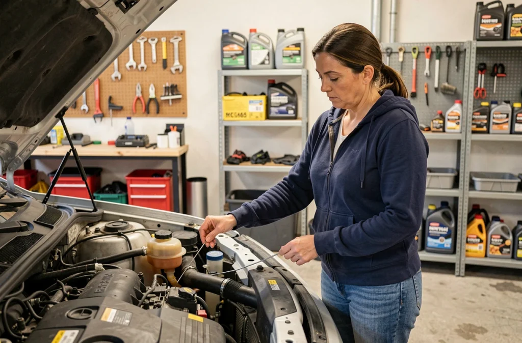 Femme vérifiant le niveau d'huile moteur dans un garage avant de partir en long voyage en voiture