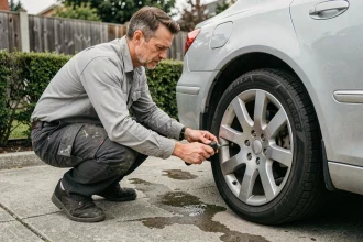 Homme vérifiant la pression des pneus de sa voiture avant un long trajet sur une allée résidentielle