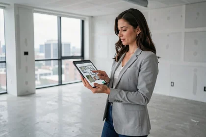 Agente immobilière utilisant une tablette pour une visite virtuelle dans un appartement moderne vide