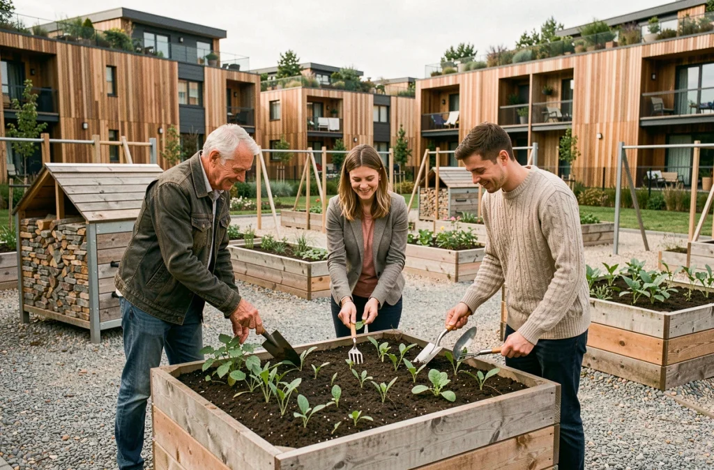 Voisins travaillant ensemble dans un jardin partagé au cœur d'un écoquartier résidentiel durable